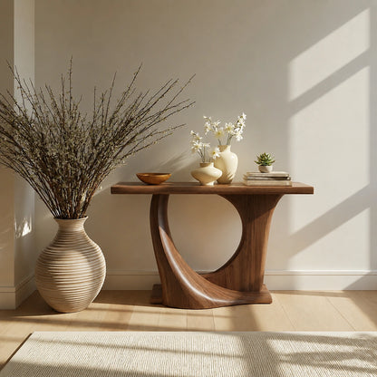 Natural Solid Wood Console Table with Sculptural Circle Base - Livewoodcraft - 2
