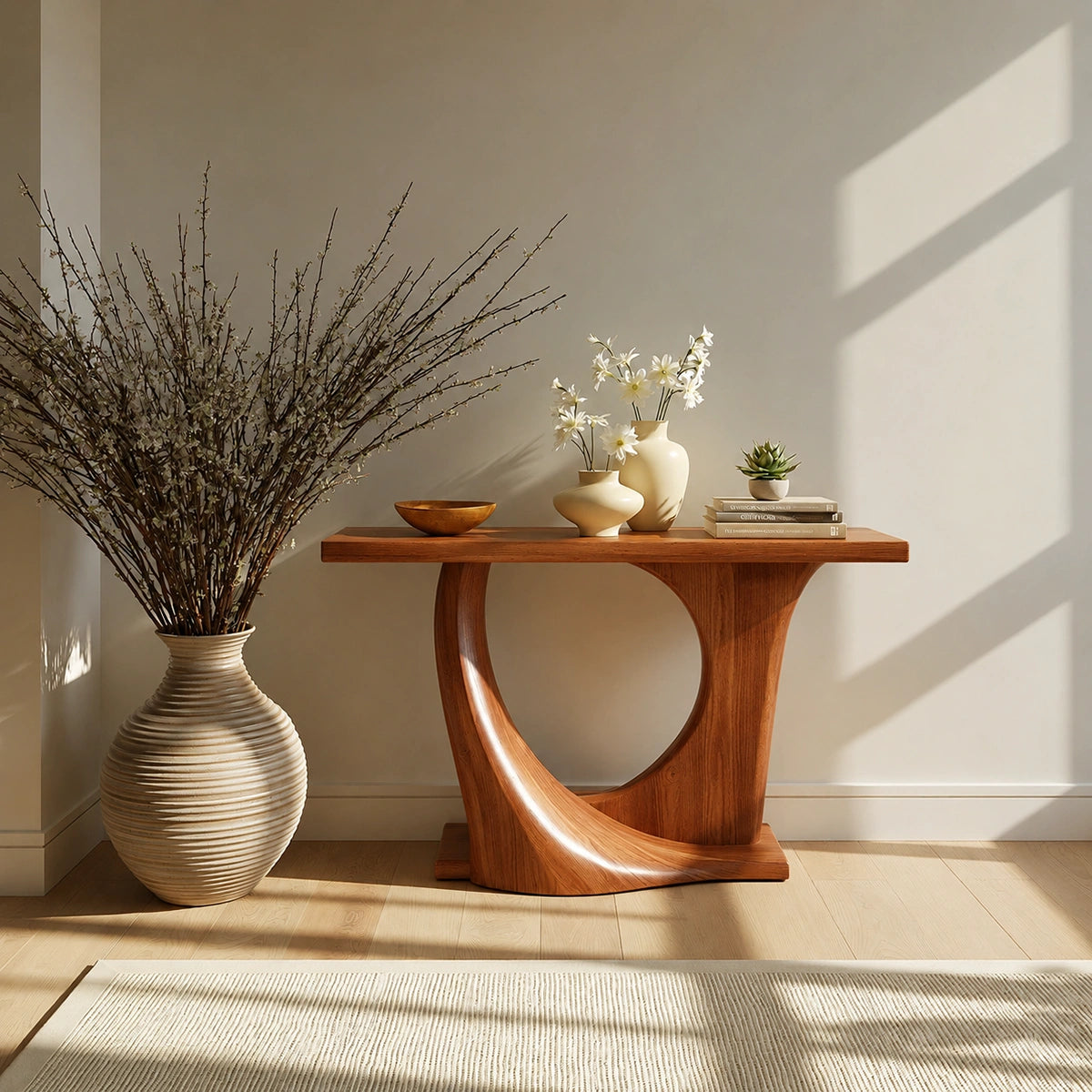 Natural Solid Wood Console Table with Sculptural Circle Base - Livewoodcraft - 3