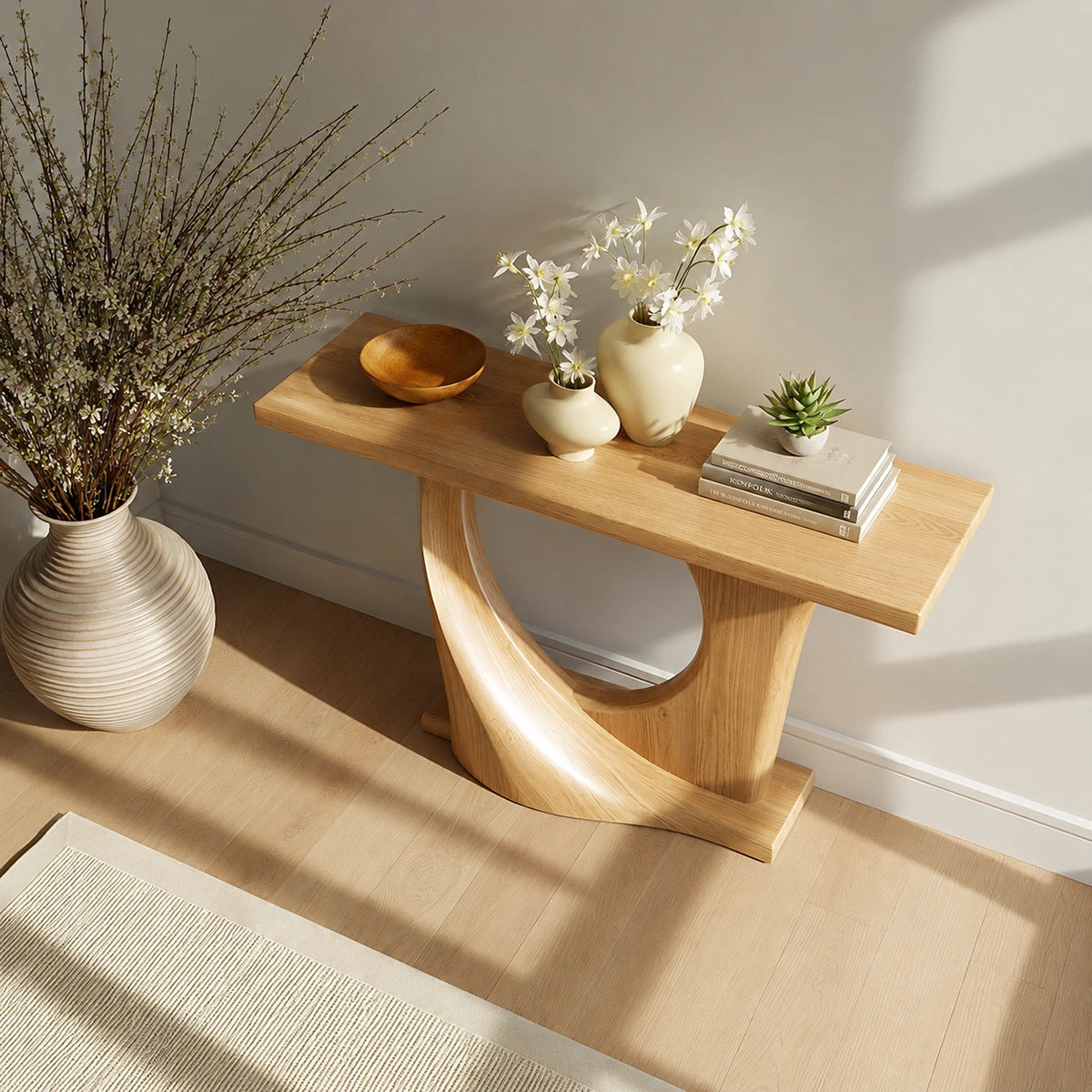 Natural Solid Wood Console Table with Sculptural Circle Base - Livewoodcraft - 6