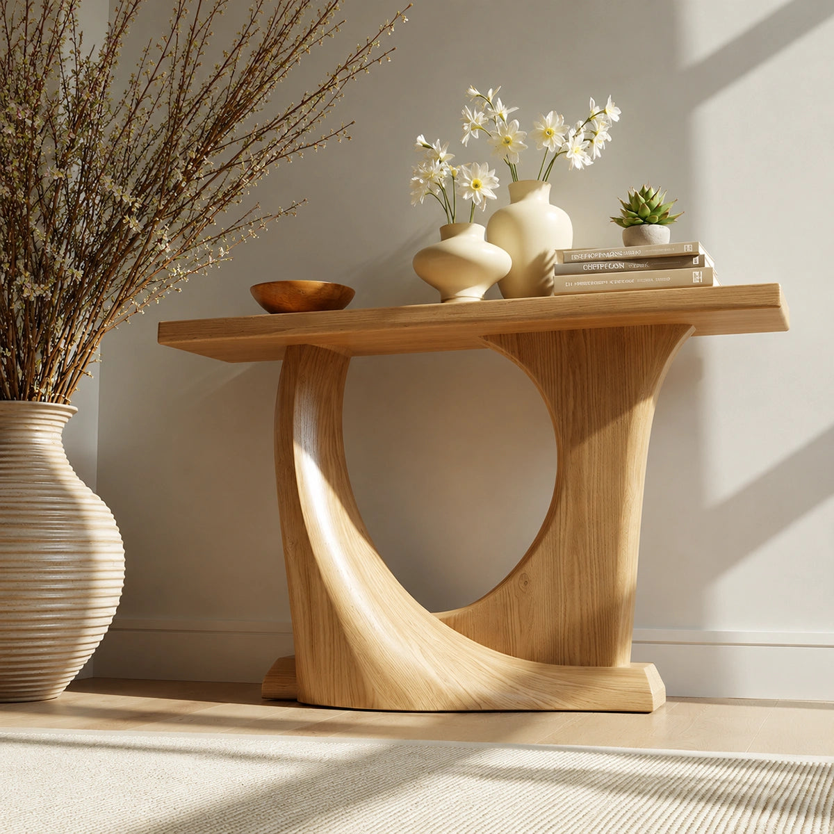Natural Solid Wood Console Table with Sculptural Circle Base - Livewoodcraft - 7
