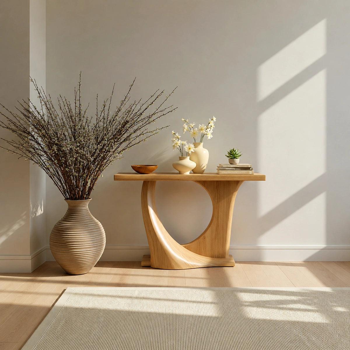 Natural Solid Wood Console Table with Sculptural Circle Base - Livewoodcraft - 8