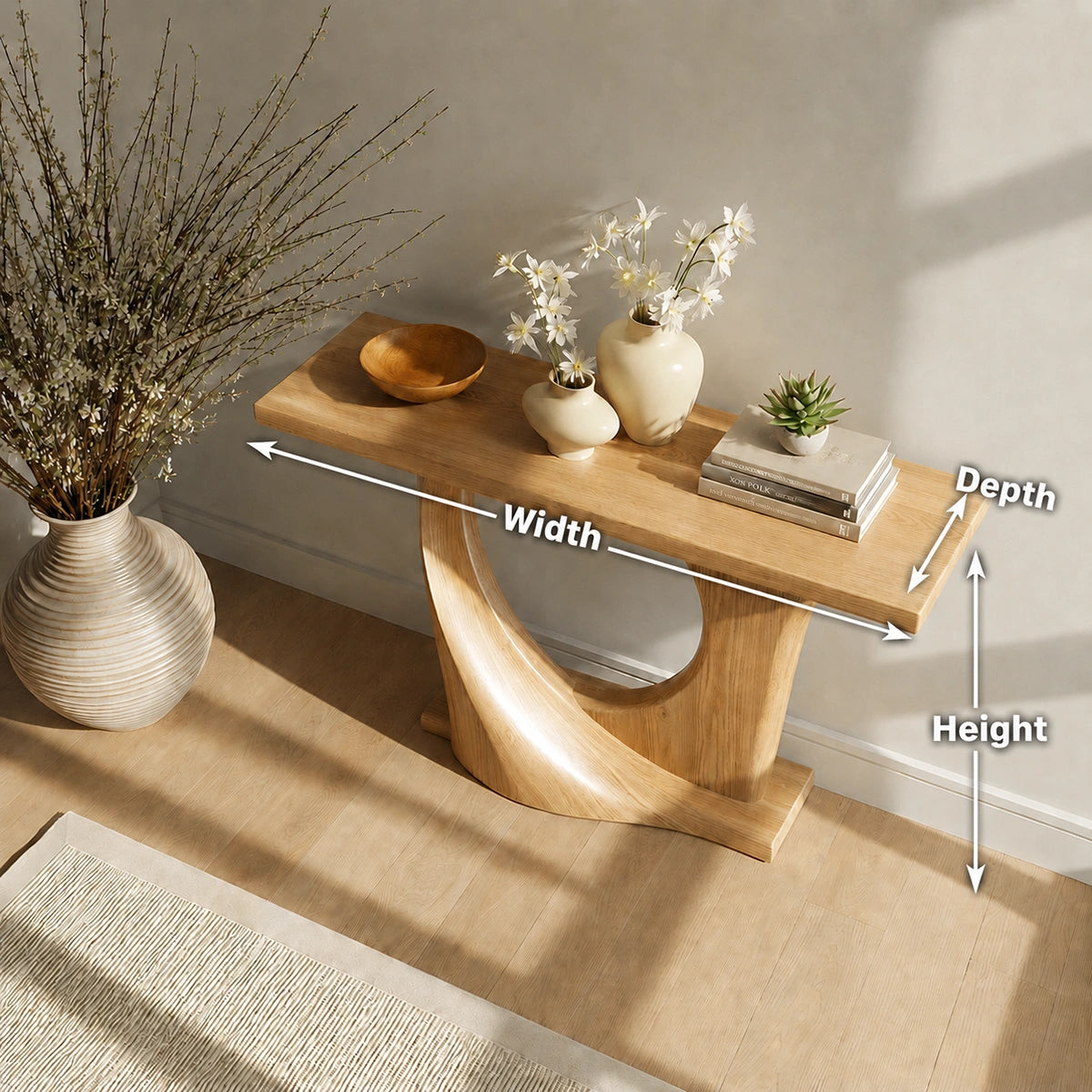 Natural Solid Wood Console Table with Sculptural Circle Base - Livewoodcraft - 9
