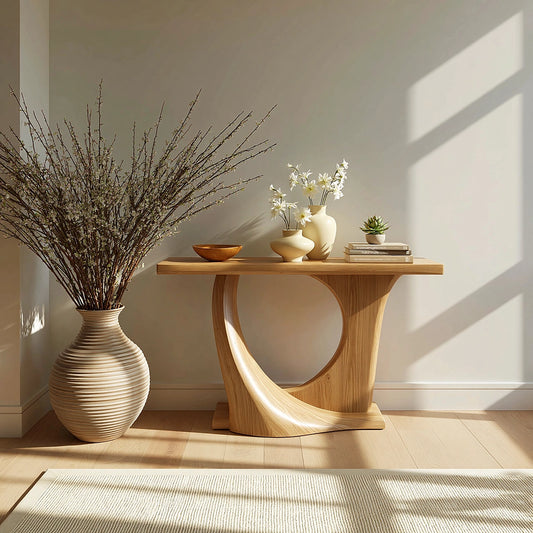 Natural Solid Wood Console Table with Sculptural Circle Base - Livewoodcraft