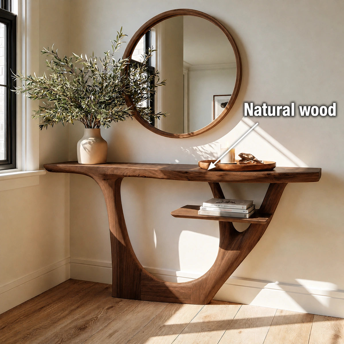Natural Solid Wood Console Table with Sculptural Open Frame and Display Shelf - Livewoodcraft - 10