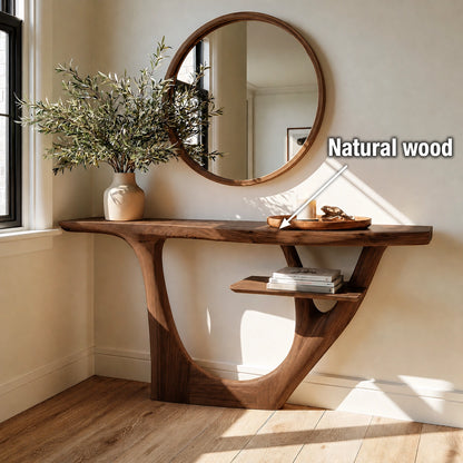 Natural Solid Wood Console Table with Sculptural Open Frame and Display Shelf - Livewoodcraft - 10