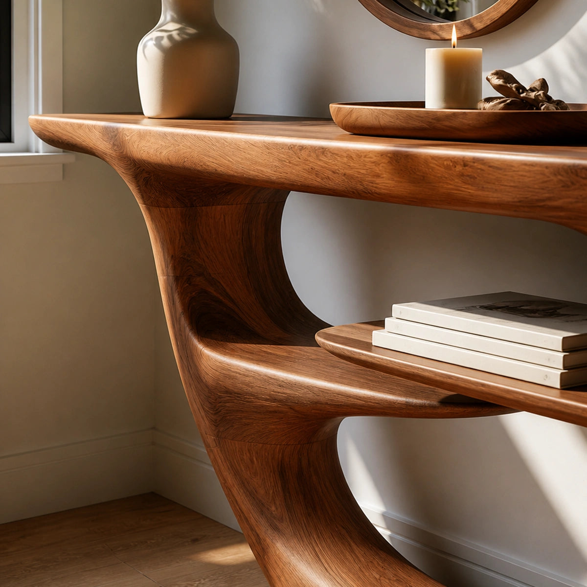 Natural Solid Wood Console Table with Sculptural Open Frame and Display Shelf - Livewoodcraft - 2