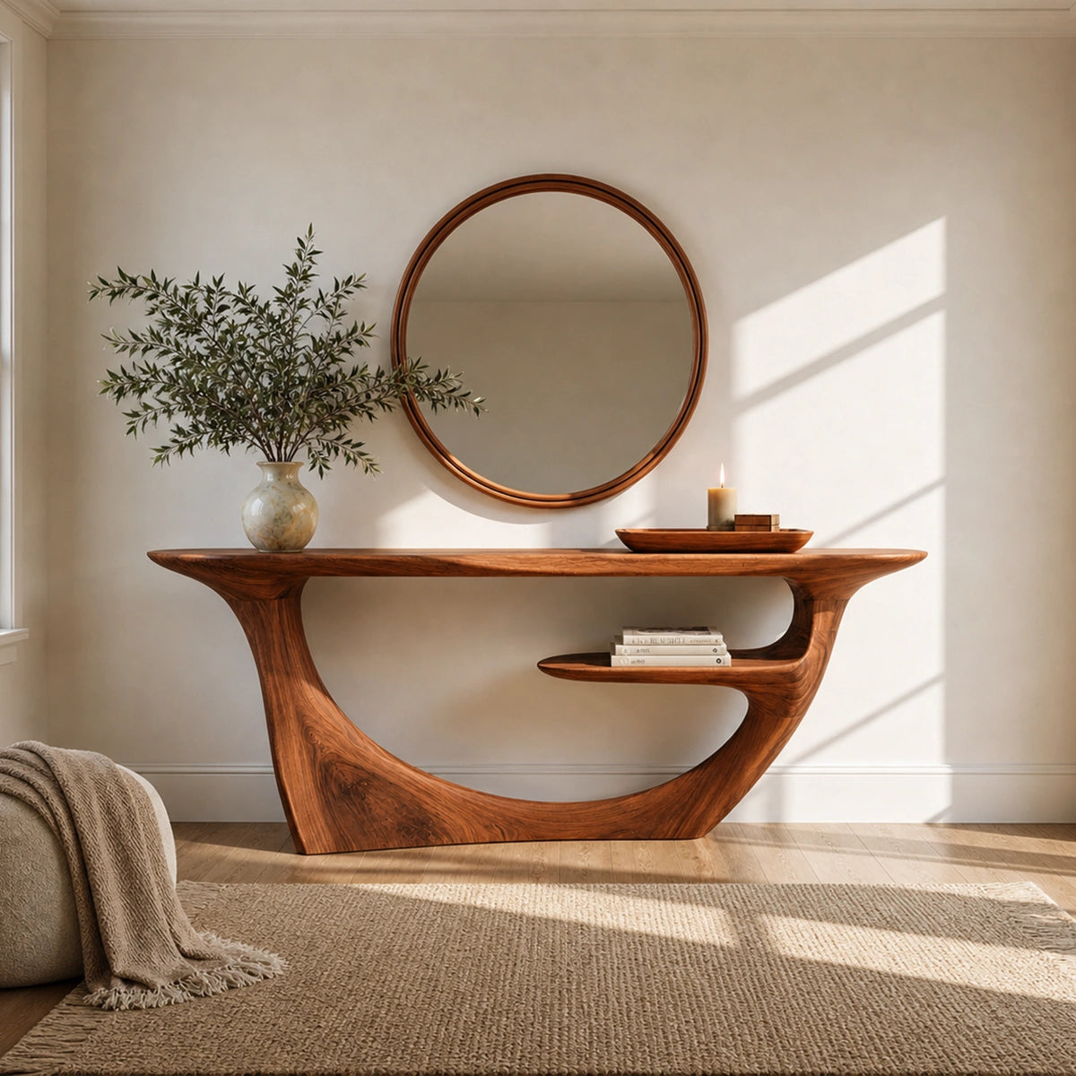 Natural Solid Wood Console Table with Sculptural Open Frame and Display Shelf - Livewoodcraft - 3