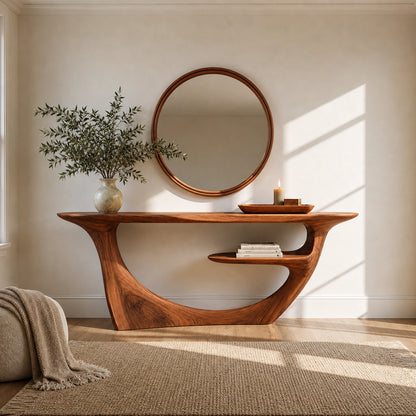Natural Solid Wood Console Table with Sculptural Open Frame and Display Shelf - Livewoodcraft - 3