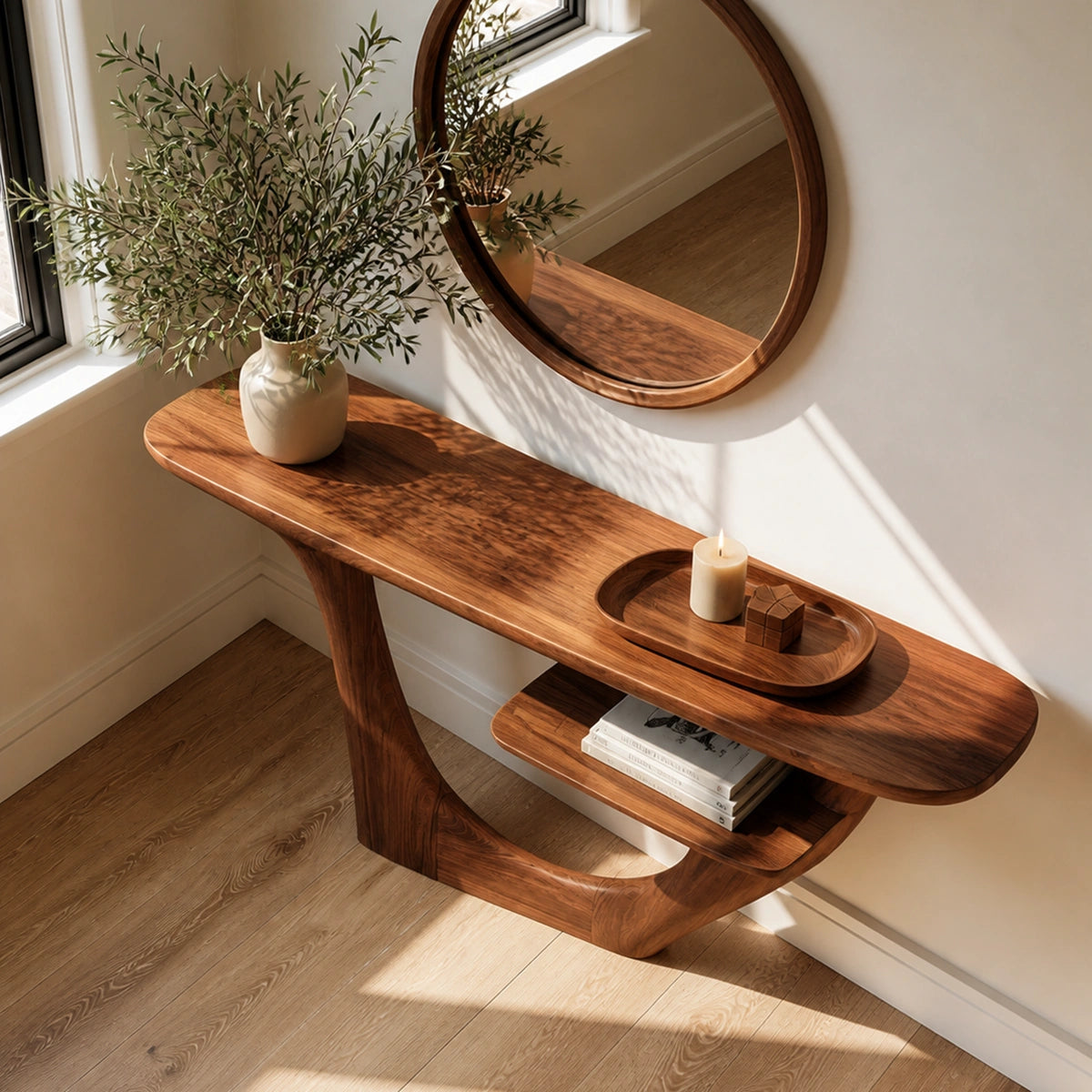 Natural Solid Wood Console Table with Sculptural Open Frame and Display Shelf - Livewoodcraft - 4