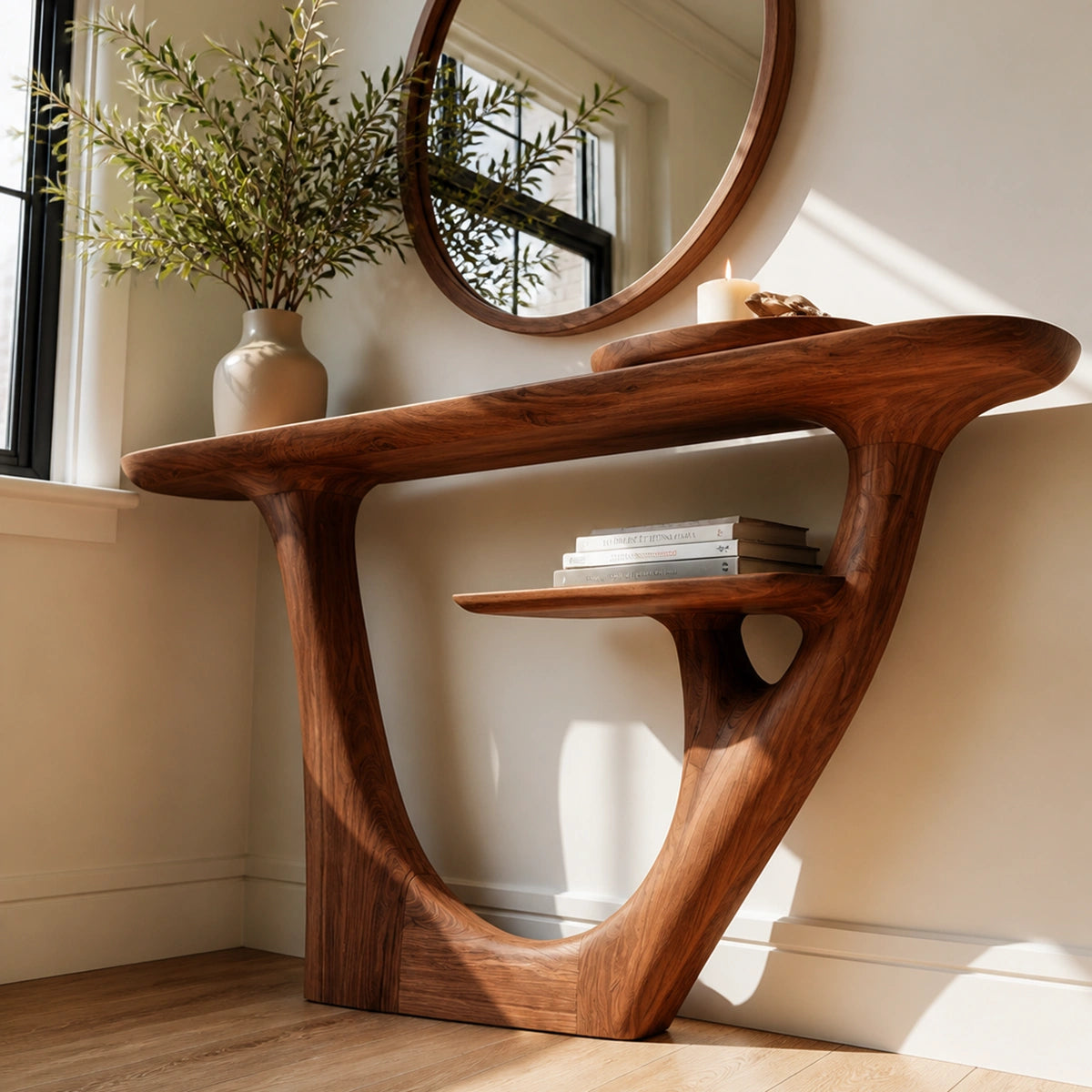 Natural Solid Wood Console Table with Sculptural Open Frame and Display Shelf - Livewoodcraft - 5