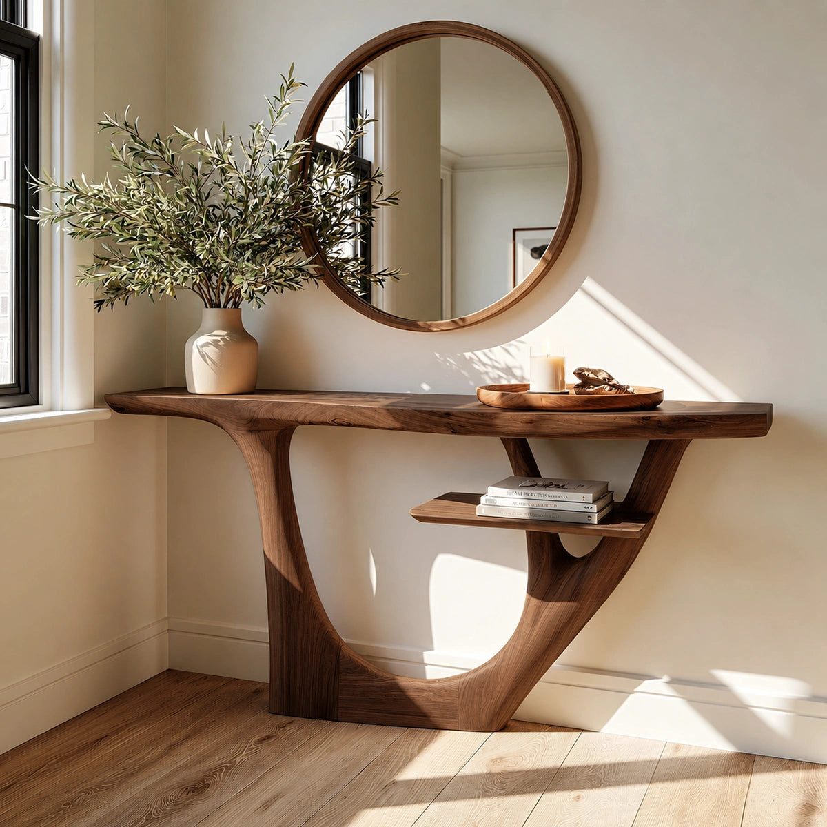 Natural Solid Wood Console Table with Sculptural Open Frame and Display Shelf - Livewoodcraft - 6
