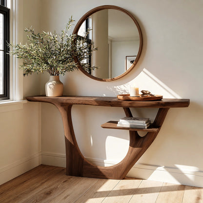 Natural Solid Wood Console Table with Sculptural Open Frame and Display Shelf - Livewoodcraft - 6