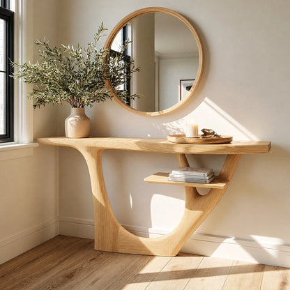 Natural Solid Wood Console Table with Sculptural Open Frame and Display Shelf - Livewoodcraft - 7