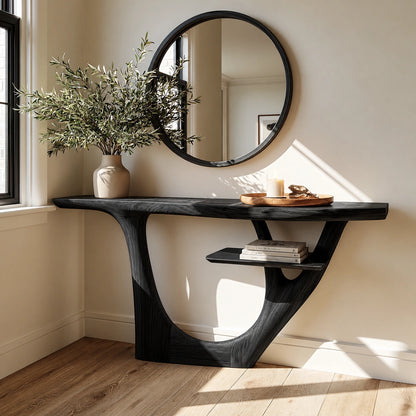 Natural Solid Wood Console Table with Sculptural Open Frame and Display Shelf - Livewoodcraft - 8