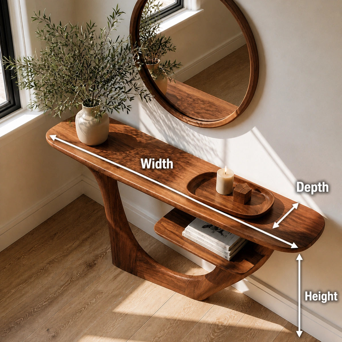 Natural Solid Wood Console Table with Sculptural Open Frame and Display Shelf - Livewoodcraft - 9