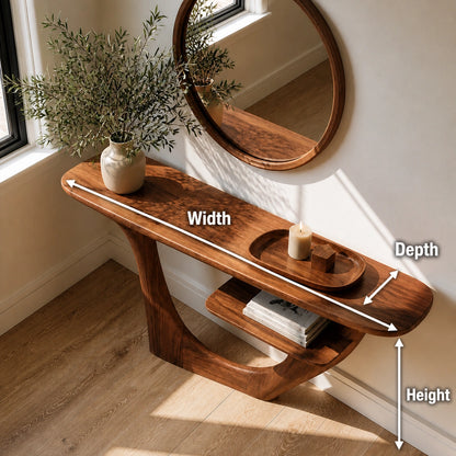 Natural Solid Wood Console Table with Sculptural Open Frame and Display Shelf - Livewoodcraft - 9