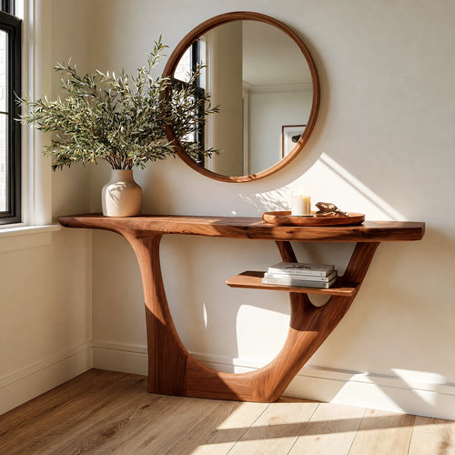 Natural Solid Wood Console Table with Sculptural Open Frame and Display Shelf - Livewoodcraft