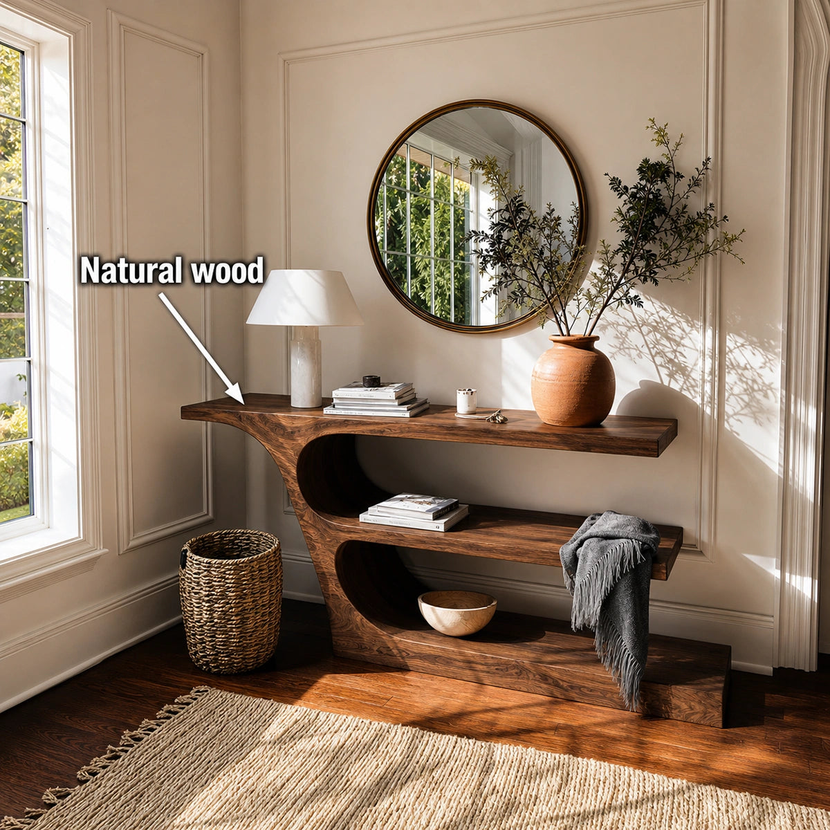 Natural Solid Wood Console Table with Sculptural Open Shelf Design - Livewoodcraft - 10