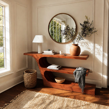 Natural Solid Wood Console Table with Sculptural Open Shelf Design - Livewoodcraft - 2