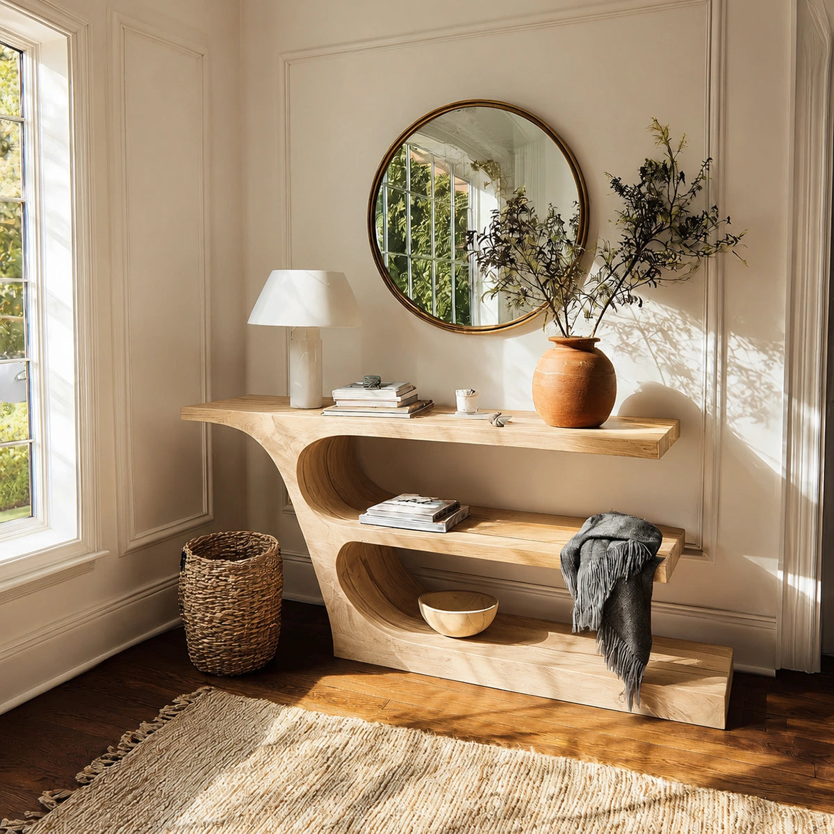 Natural Solid Wood Console Table with Sculptural Open Shelf Design - Livewoodcraft - 3