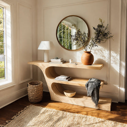 Natural Solid Wood Console Table with Sculptural Open Shelf Design - Livewoodcraft - 3