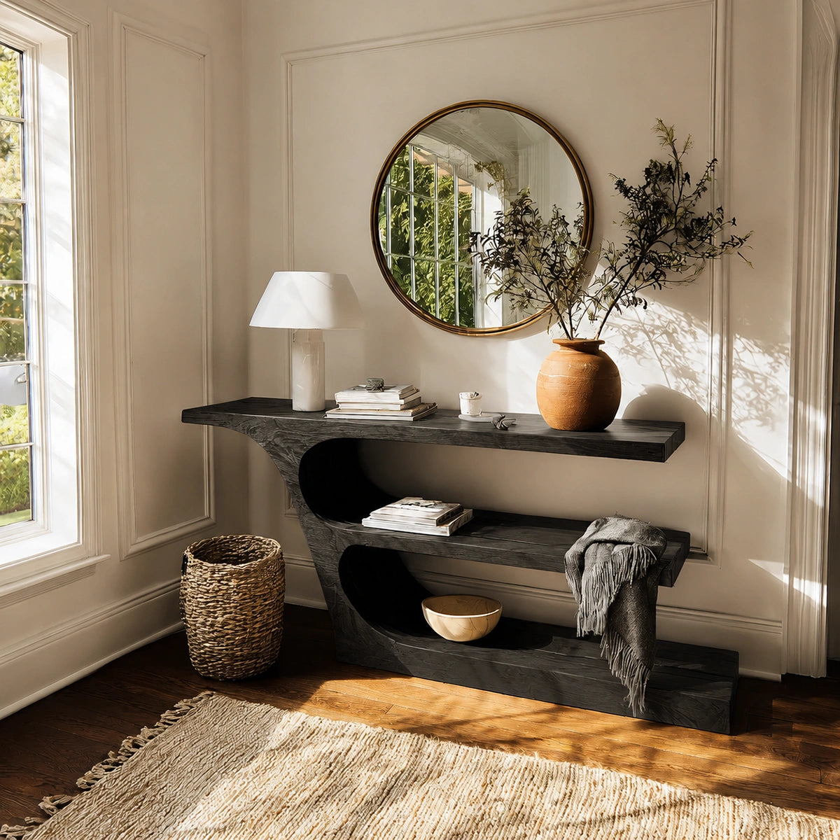 Natural Solid Wood Console Table with Sculptural Open Shelf Design - Livewoodcraft - 4