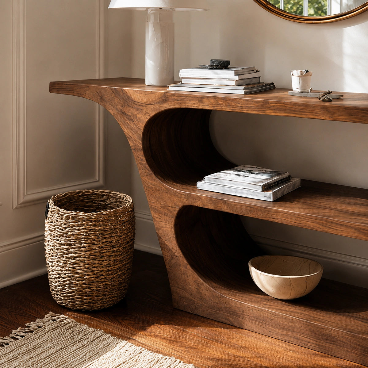 Natural Solid Wood Console Table with Sculptural Open Shelf Design - Livewoodcraft - 5