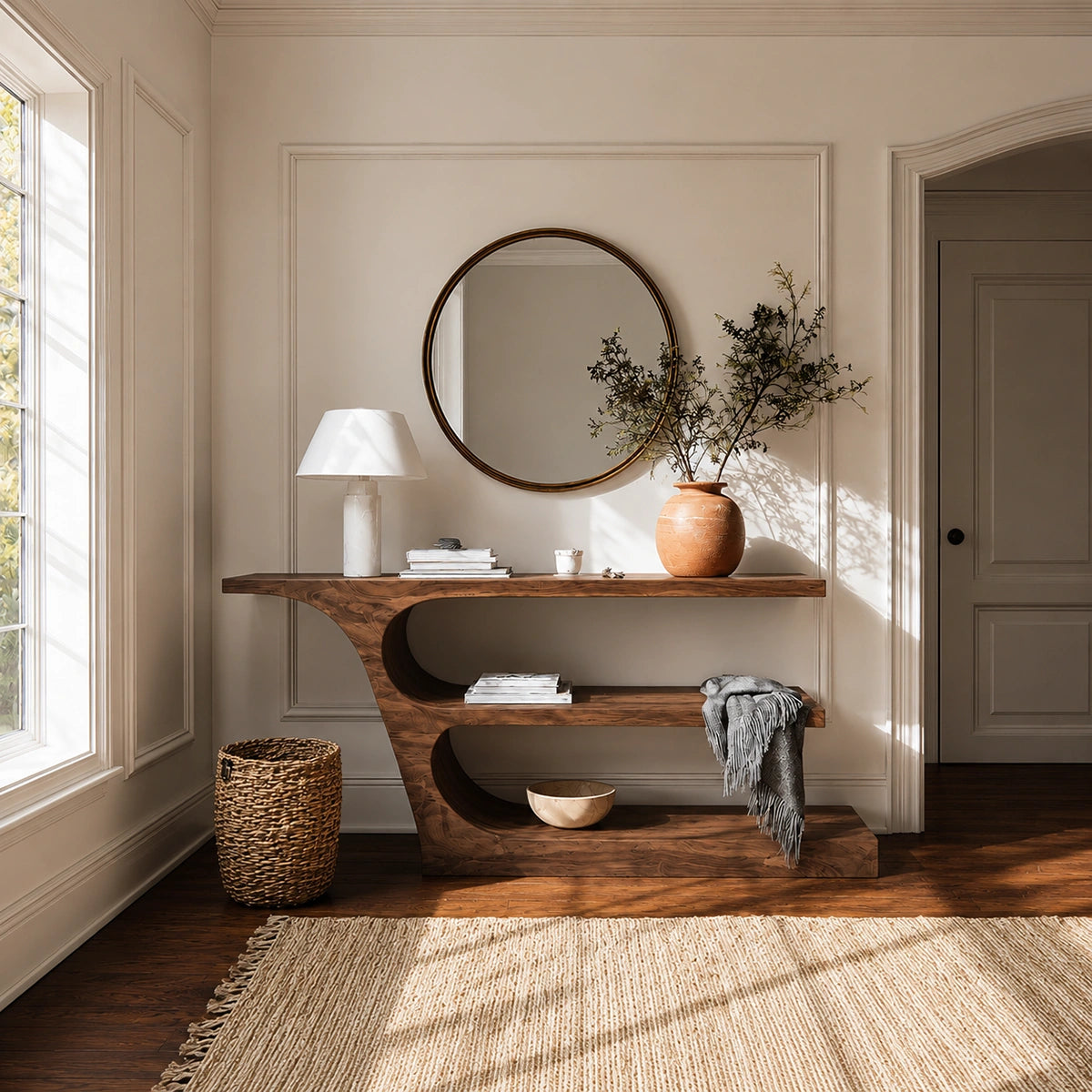 Natural Solid Wood Console Table with Sculptural Open Shelf Design - Livewoodcraft - 6