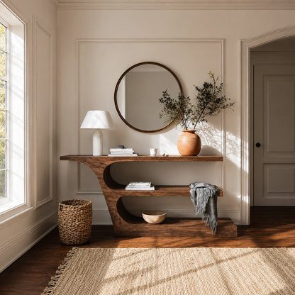 Natural Solid Wood Console Table with Sculptural Open Shelf Design - Livewoodcraft - 6