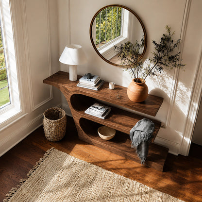 Natural Solid Wood Console Table with Sculptural Open Shelf Design - Livewoodcraft - 7