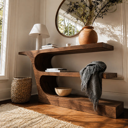 Natural Solid Wood Console Table with Sculptural Open Shelf Design - Livewoodcraft - 8