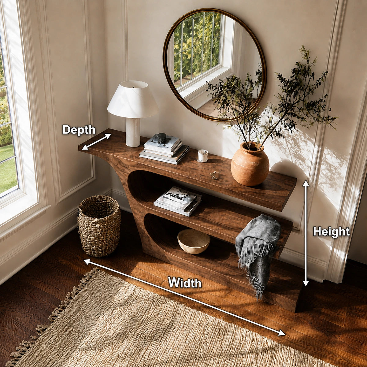 Natural Solid Wood Console Table with Sculptural Open Shelf Design - Livewoodcraft - 9