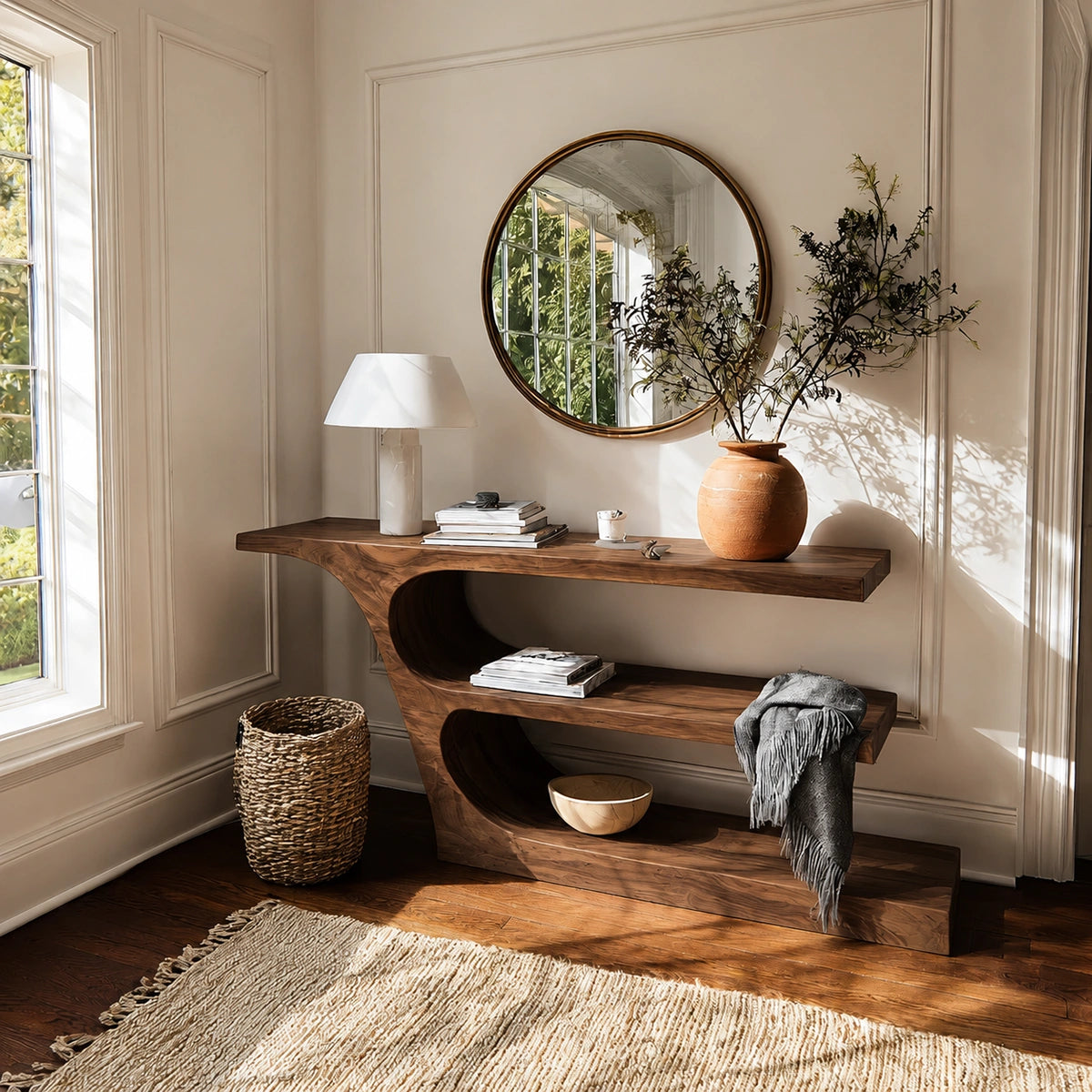 Natural Solid Wood Console Table with Sculptural Open Shelf Design - Livewoodcraft
