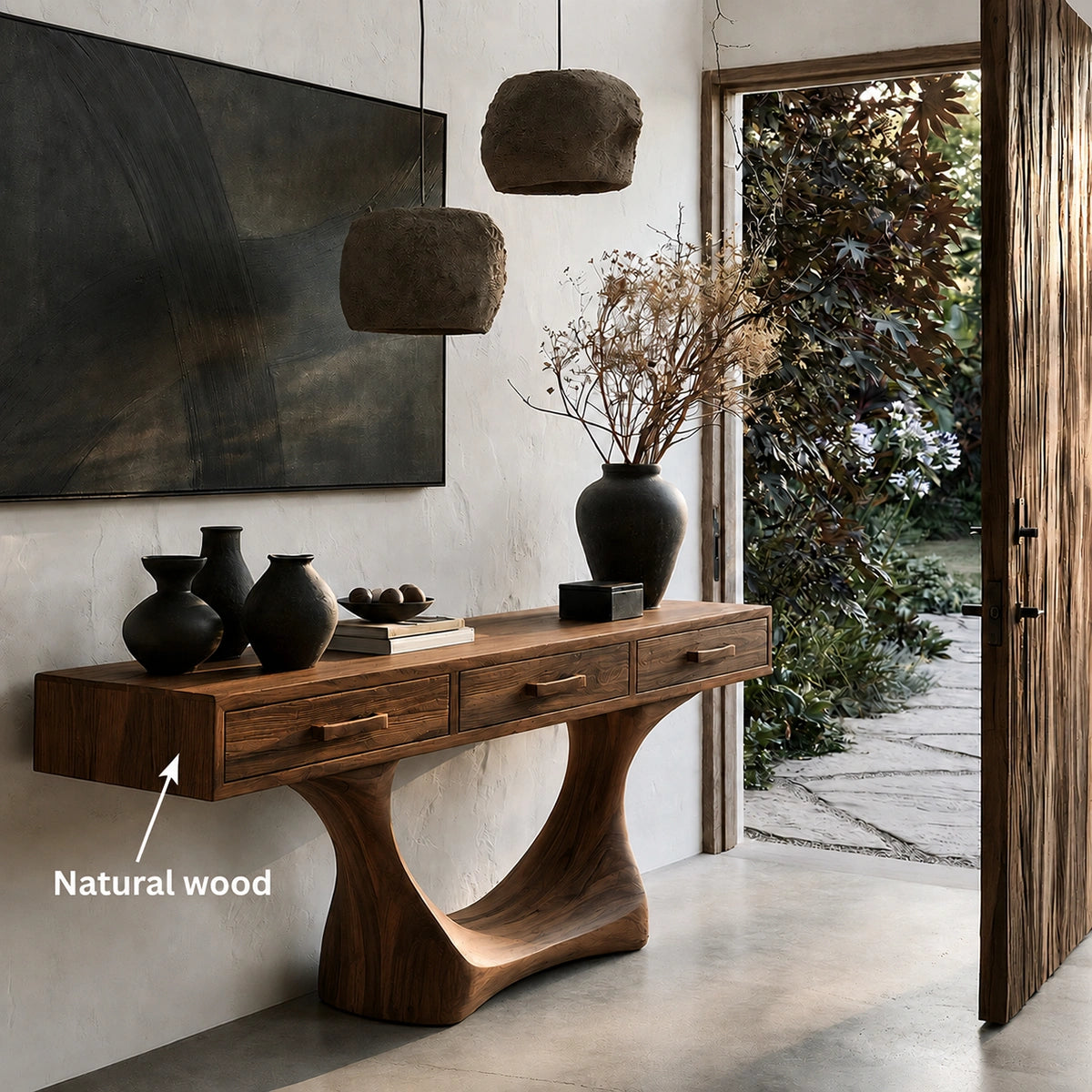 Natural Solid Wood Console Table with Three Drawers and Sculptural Pedestal Base - Livewoodcraft - 10