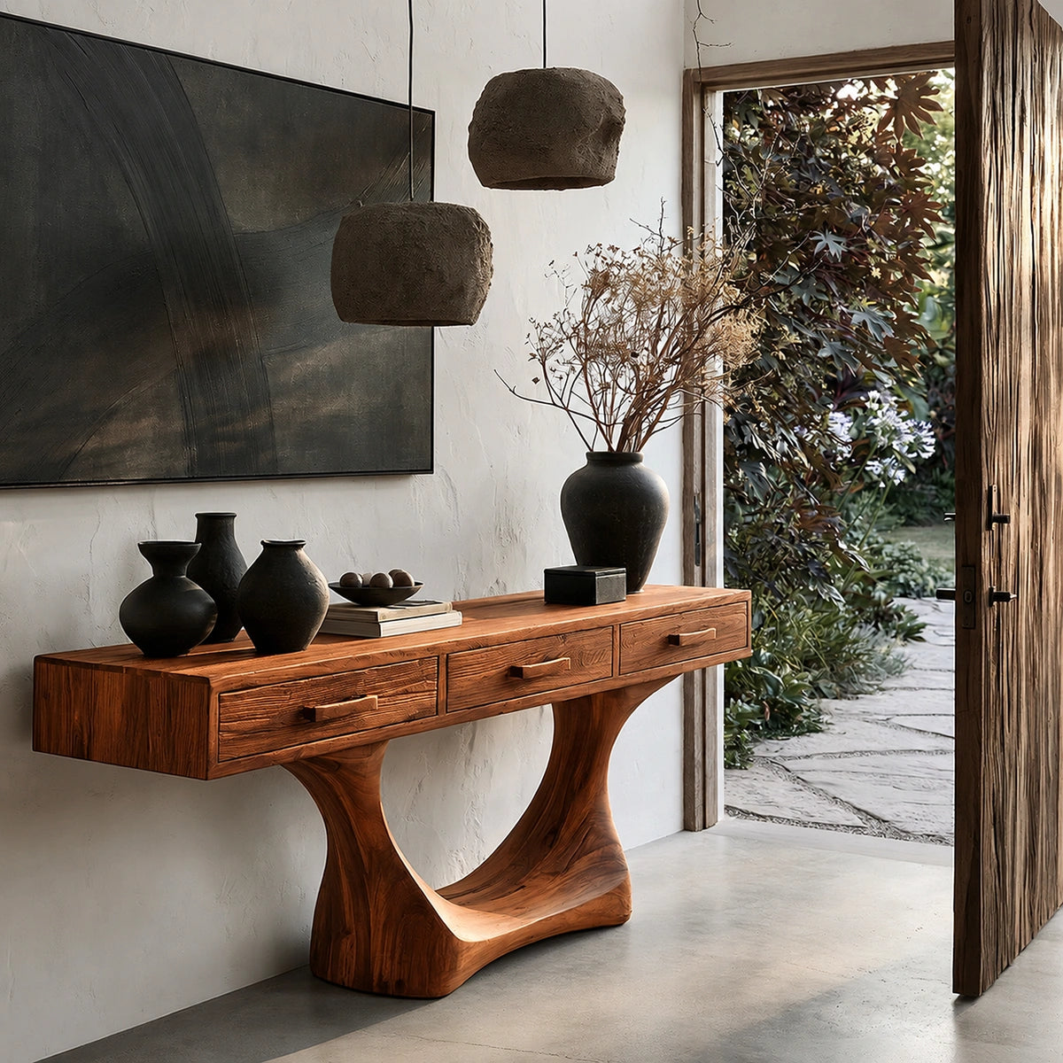 Natural Solid Wood Console Table with Three Drawers and Sculptural Pedestal Base - Livewoodcraft - 2