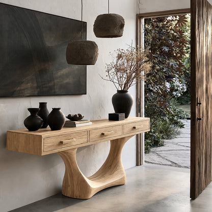 Natural Solid Wood Console Table with Three Drawers and Sculptural Pedestal Base - Livewoodcraft - 3