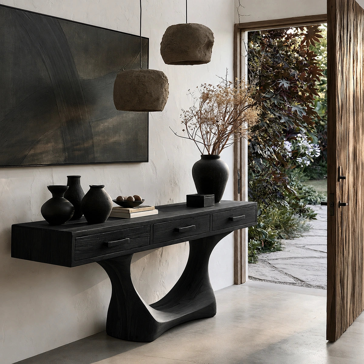Natural Solid Wood Console Table with Three Drawers and Sculptural Pedestal Base - Livewoodcraft - 4