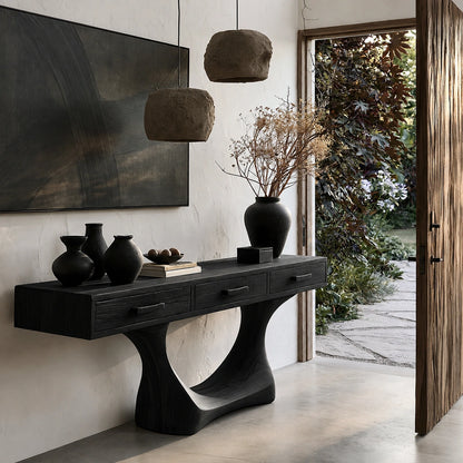 Natural Solid Wood Console Table with Three Drawers and Sculptural Pedestal Base - Livewoodcraft - 4