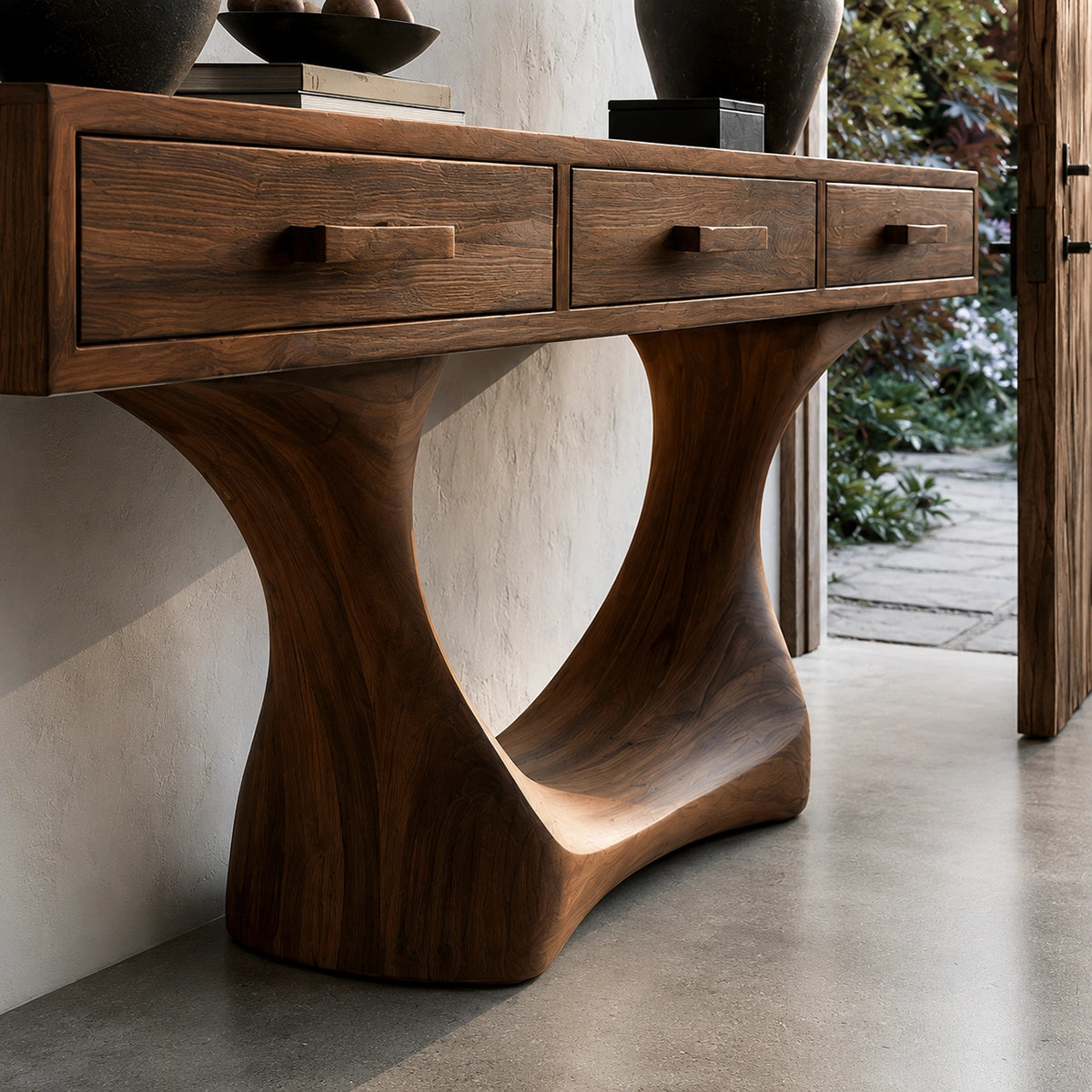 Natural Solid Wood Console Table with Three Drawers and Sculptural Pedestal Base - Livewoodcraft - 5