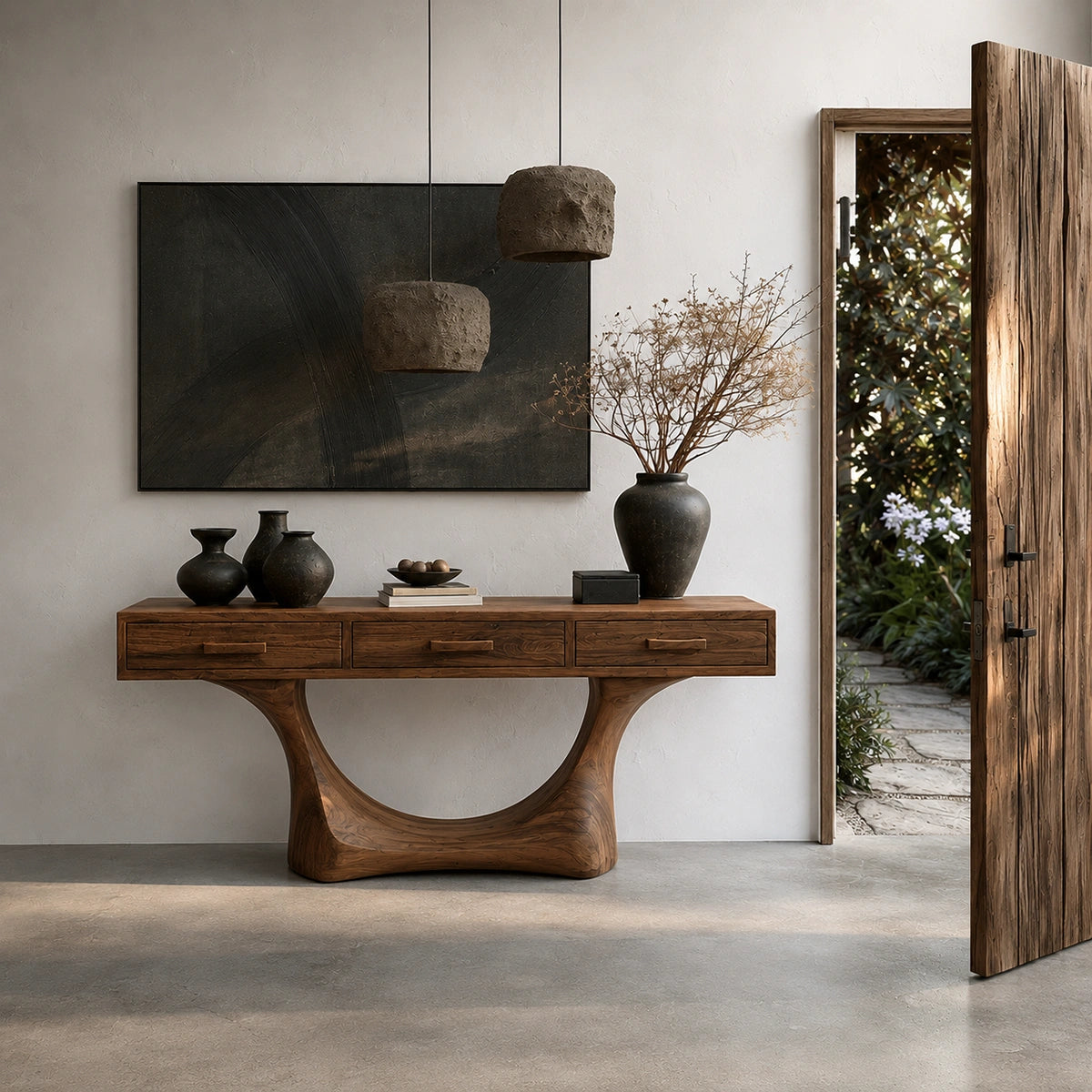 Natural Solid Wood Console Table with Three Drawers and Sculptural Pedestal Base - Livewoodcraft - 6
