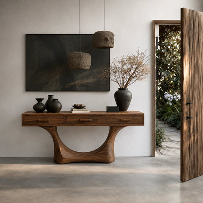 Natural Solid Wood Console Table with Three Drawers and Sculptural Pedestal Base - Livewoodcraft - 6