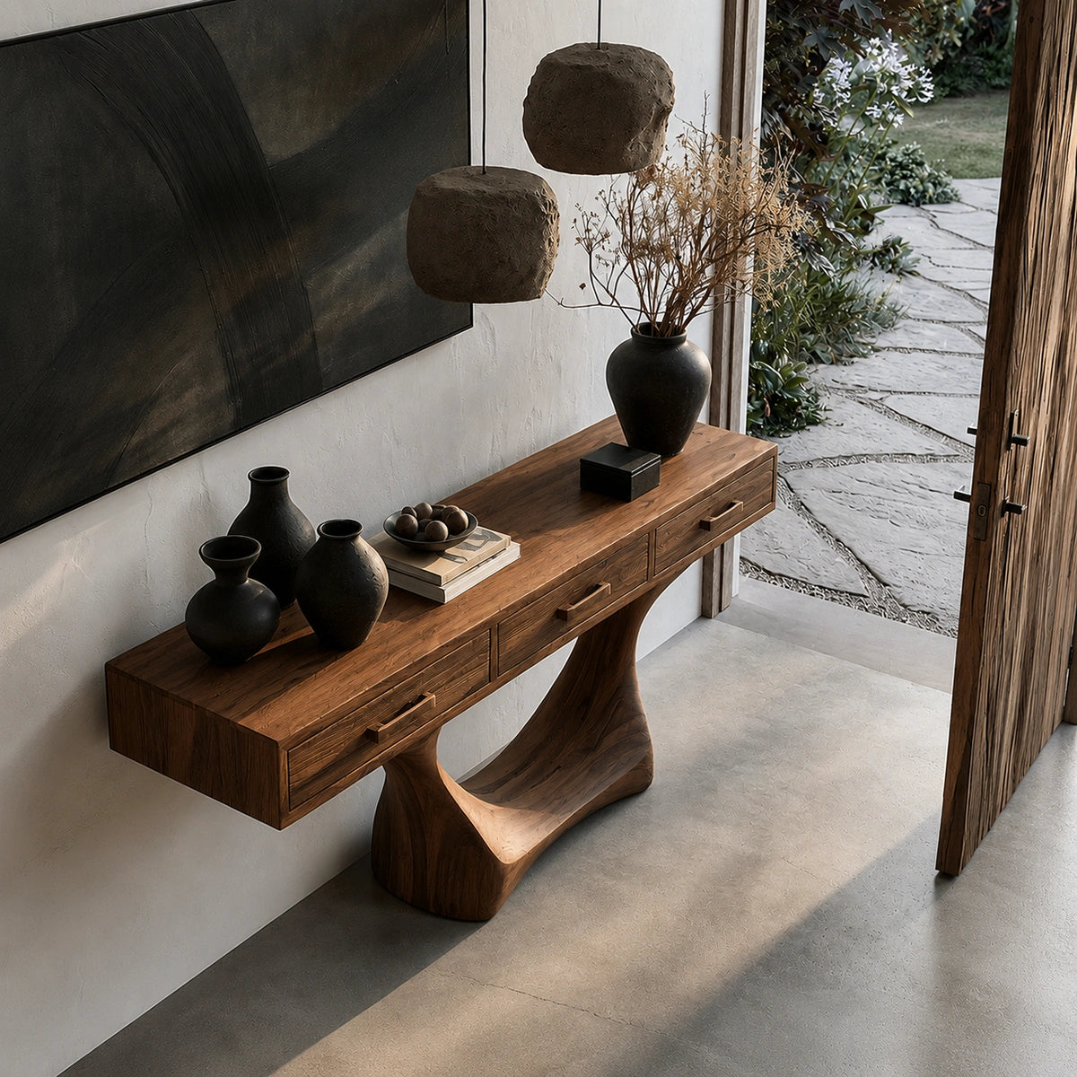 Natural Solid Wood Console Table with Three Drawers and Sculptural Pedestal Base - Livewoodcraft - 7