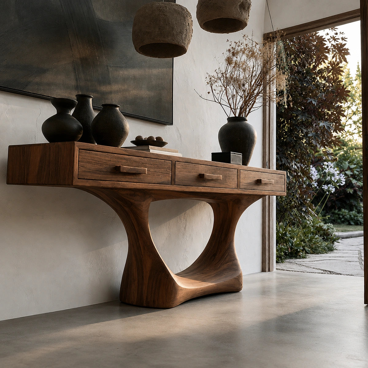 Natural Solid Wood Console Table with Three Drawers and Sculptural Pedestal Base - Livewoodcraft - 8
