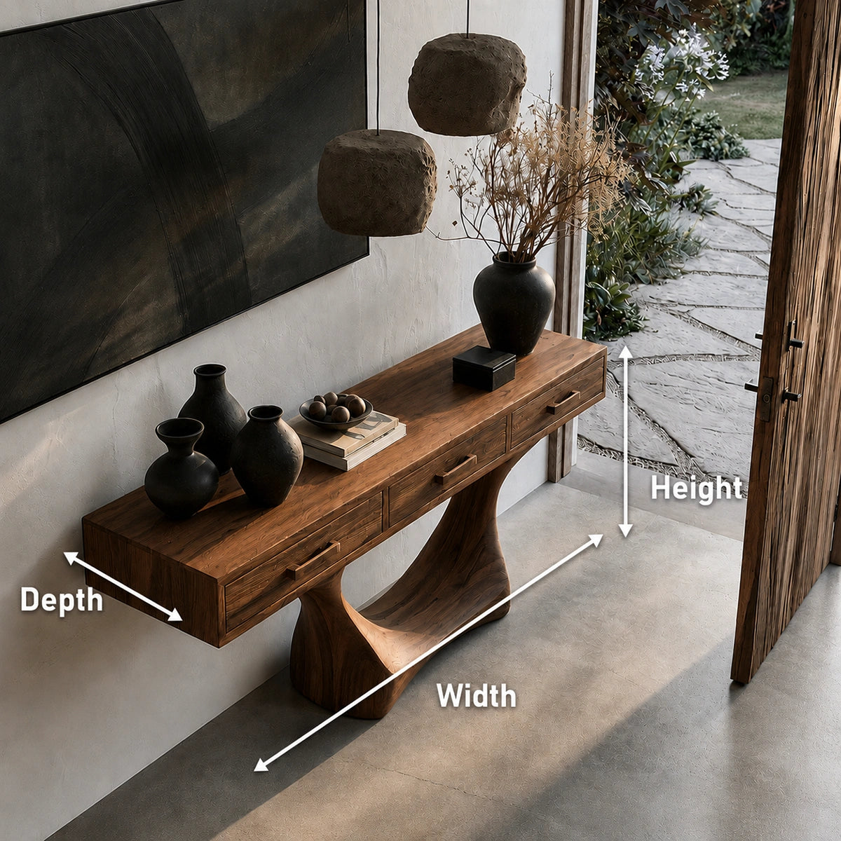 Natural Solid Wood Console Table with Three Drawers and Sculptural Pedestal Base - Livewoodcraft - 9