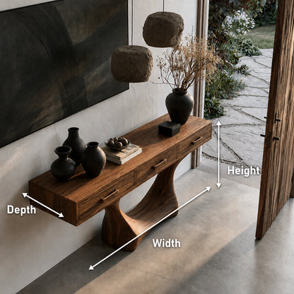 Natural Solid Wood Console Table with Three Drawers and Sculptural Pedestal Base - Livewoodcraft - 9