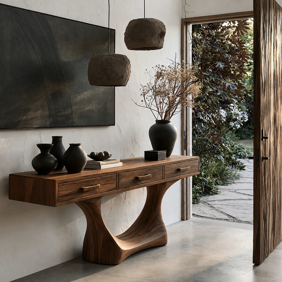 Natural Solid Wood Console Table with Three Drawers and Sculptural Pedestal Base - Livewoodcraft
