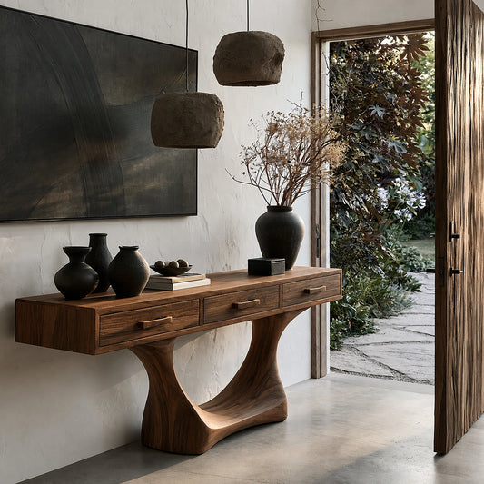 Natural Solid Wood Console Table with Three Drawers and Sculptural Pedestal Base - Livewoodcraft