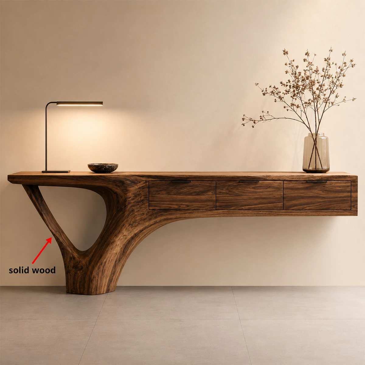 Natural Solid Wood Console Table with Three Drawers Sculptural Cantilever Style - Livewoodcraft - 10