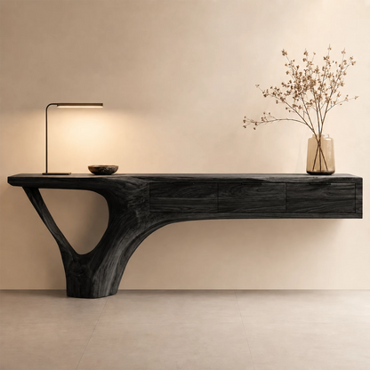 Natural Solid Wood Console Table with Three Drawers Sculptural Cantilever Style - Livewoodcraft - 2