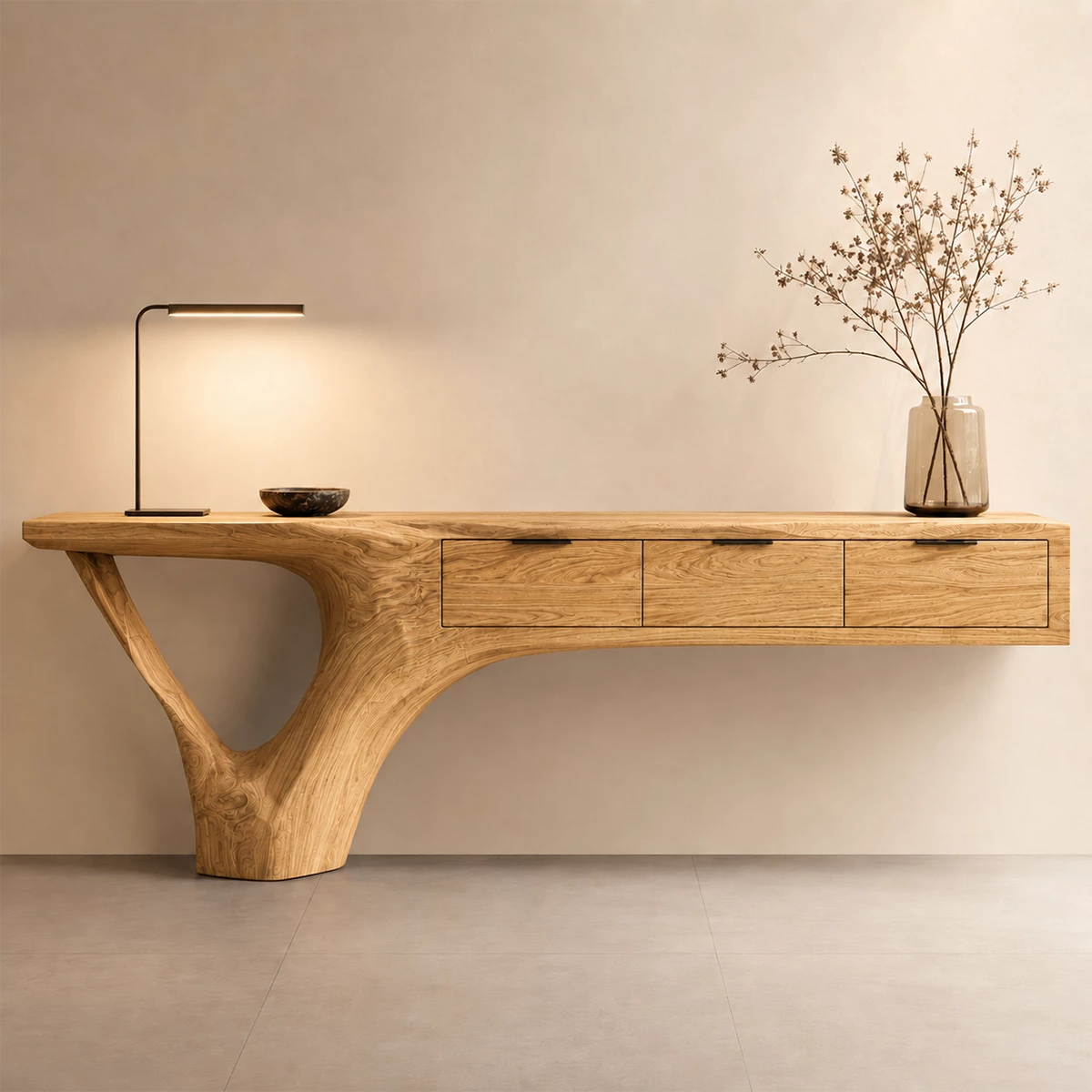 Natural Solid Wood Console Table with Three Drawers Sculptural Cantilever Style - Livewoodcraft - 3